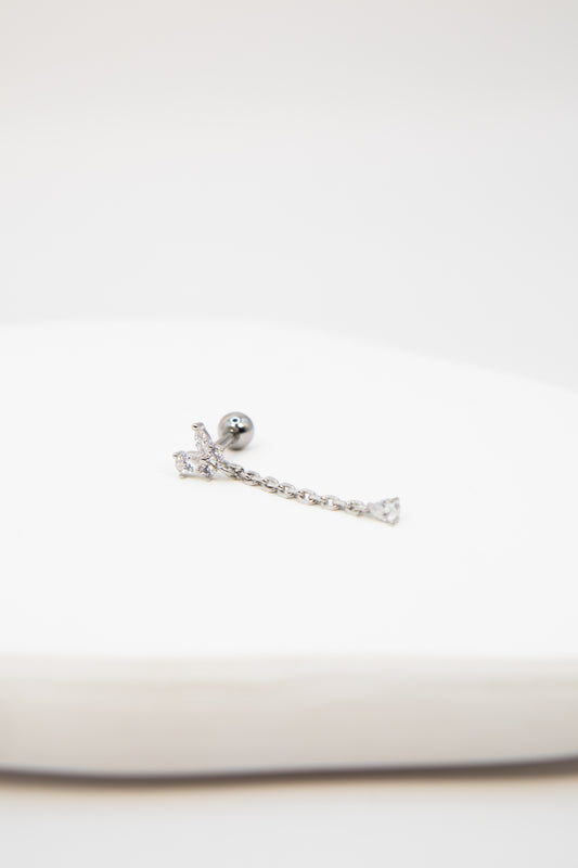 Silver earring on a white background